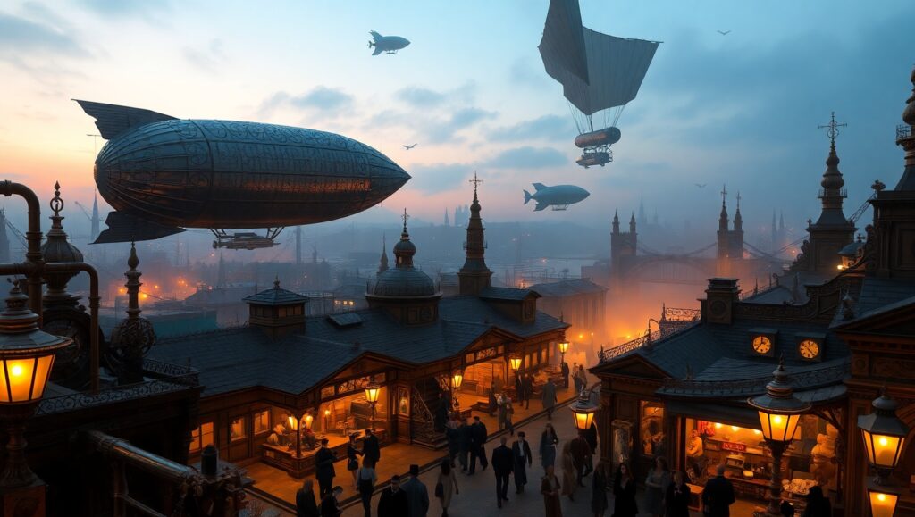 Twilight in a Steampunk Metropolis – free AI stock image