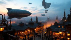 Twilight in a Steampunk Metropolis – free AI stock image