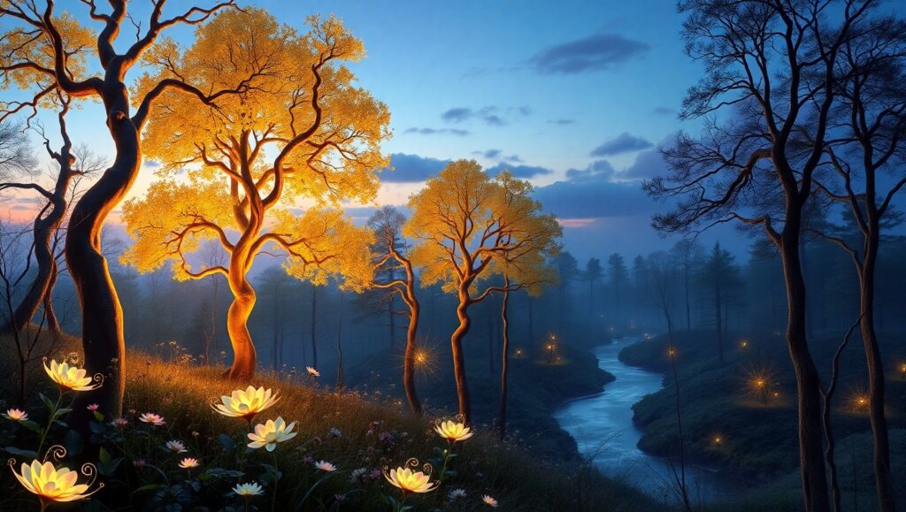 Twilight in the Golden Forest – free AI stock image