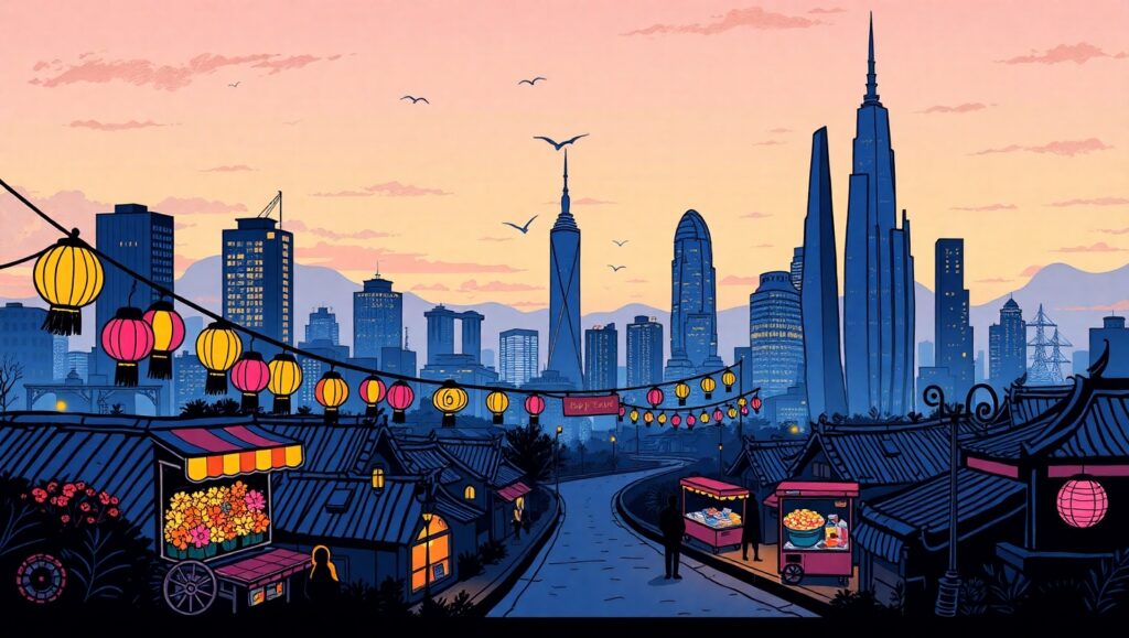Twilight Lanterns in the City – free AI stock image