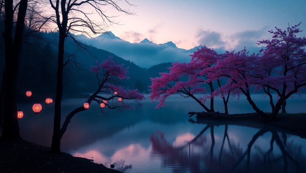 Twilight Lanterns Over Crystal Lake – free AI stock image