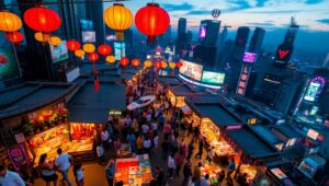 Twilight Marketplace Overhead View – free AI stock image