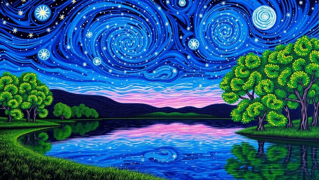 Twilight Reflections in Pointillism – free AI stock image