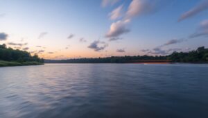 Twilight Reflections on a Calm Lake – free AI stock image
