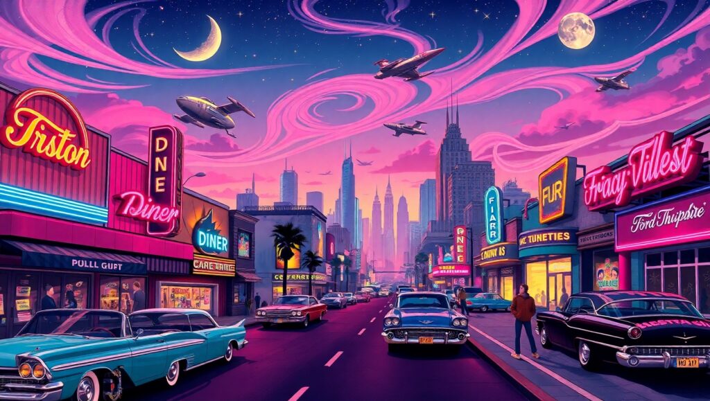Twilight Retro City Adventure – free AI stock image