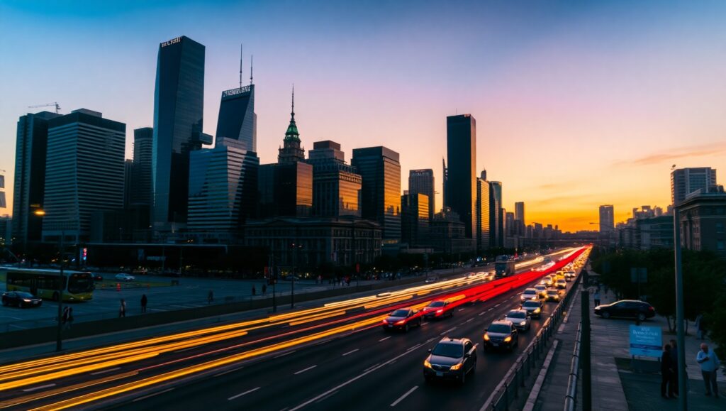 Twilight Skyline with Streaks of Light – free AI stock image
