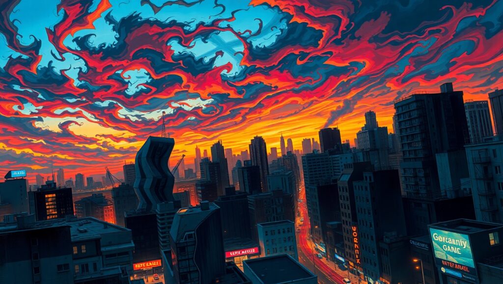 Twilight Turmoil in the City – free AI stock image