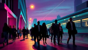 Twilight Urban Hustle in Duotone – free AI stock image