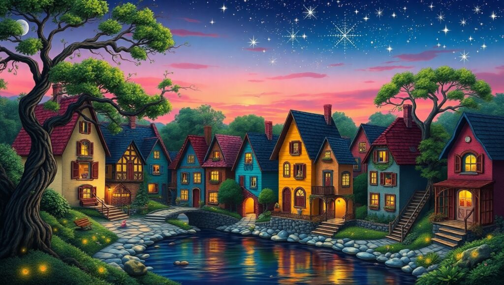 Twilight Village in Oil Paint – free AI stock image
