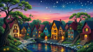 Twilight Village in Oil Paint – free AI stock image