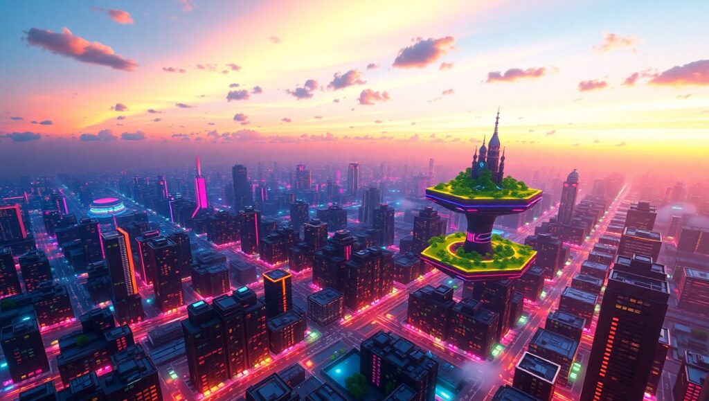 Twilight Voxel Cityscape Adventure – free AI stock image