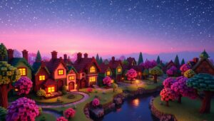 Twilight Voxel Village Scene – free AI stock image