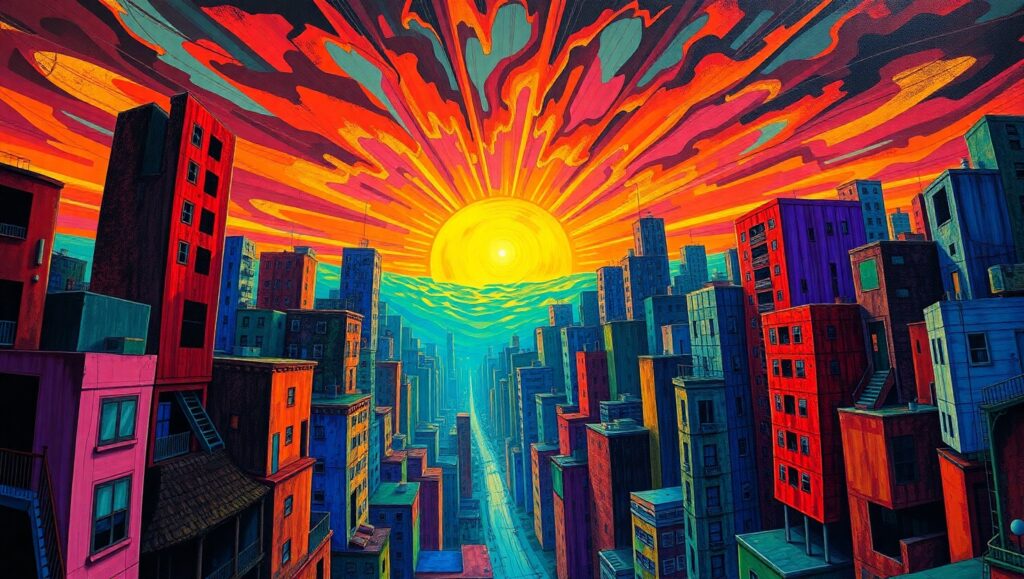 Twisted City at Dusk – free AI stock image
