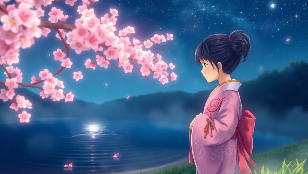 Under the Cherry Blossoms at Night – free AI stock image