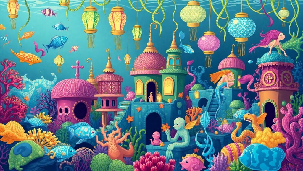 Underwater City of Colorful Creatures – free AI stock image