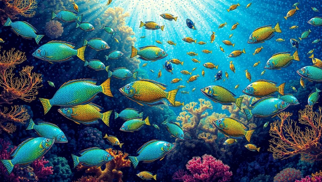 Underwater Kaleidoscope in Pointillism – free AI stock image