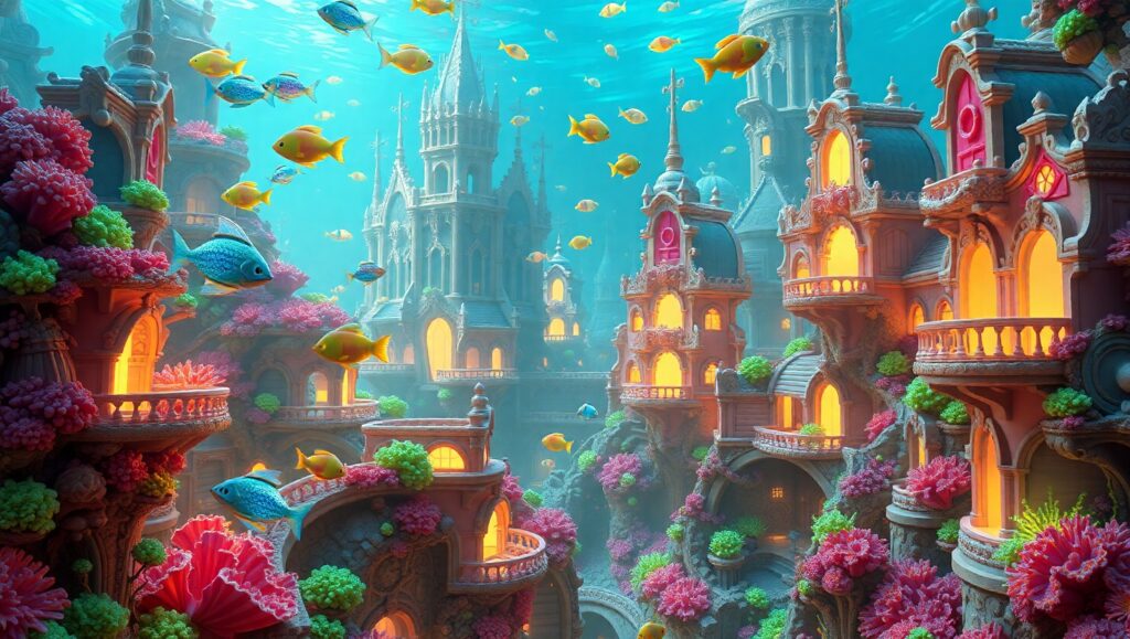 Underwater Voxel City Adventure – free AI stock image
