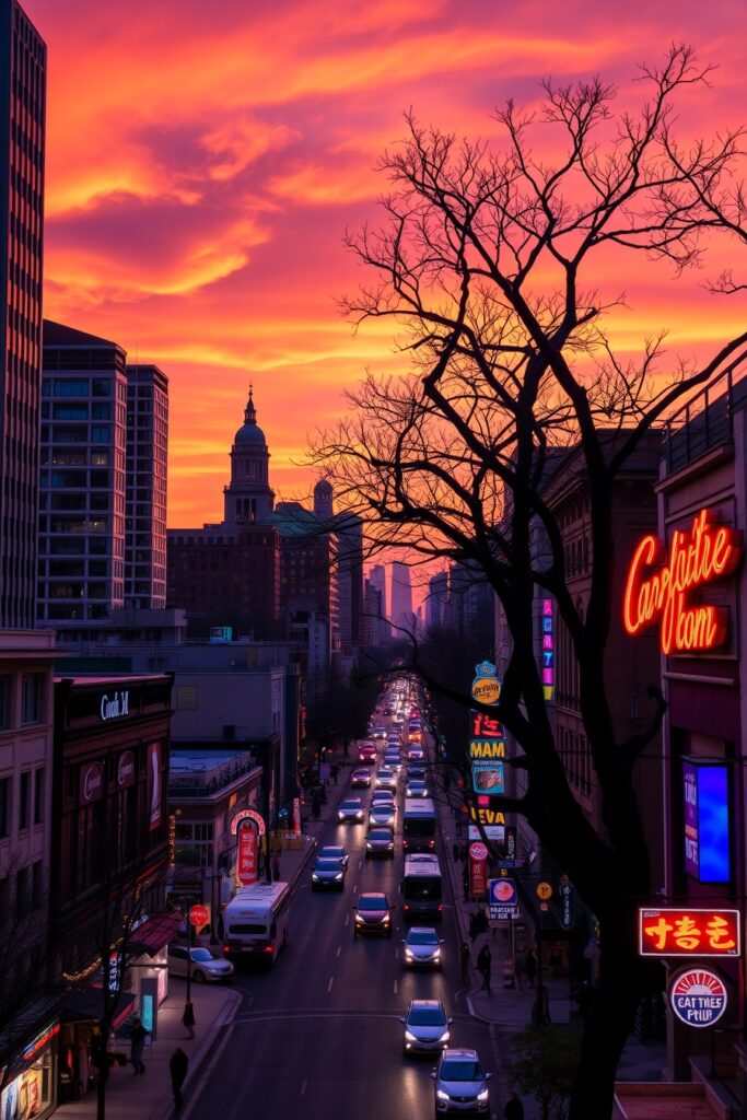 Urban Landscape at Dusk with Glowing Lights – free AI stock image