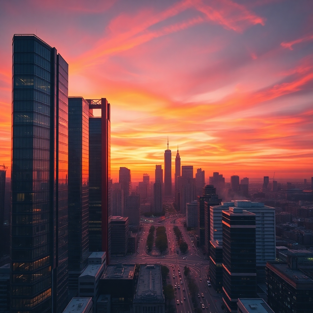 Urban Landscape with Skyscrapers at Sunset – free AI stock image