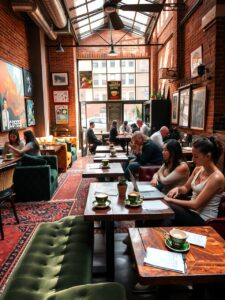 Urban Lifestyle in a Vibrant Coffee Shop – free AI stock image