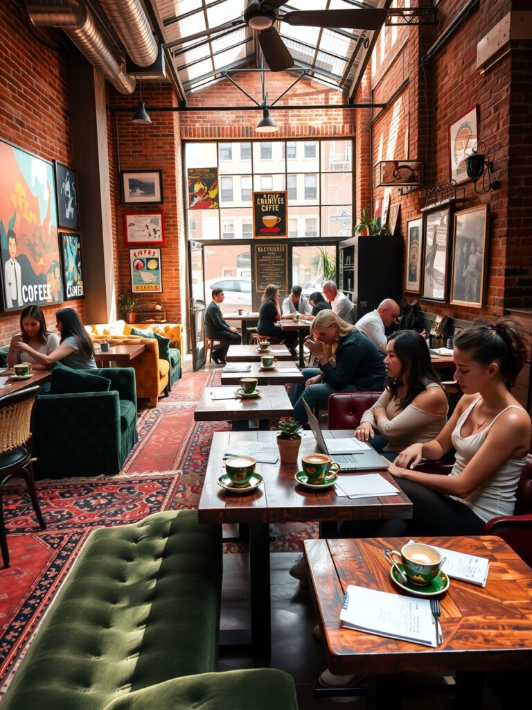 Urban Lifestyle in a Vibrant Coffee Shop – free AI stock image