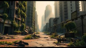 Urban Ruins in Nature’s Embrace – free AI stock image