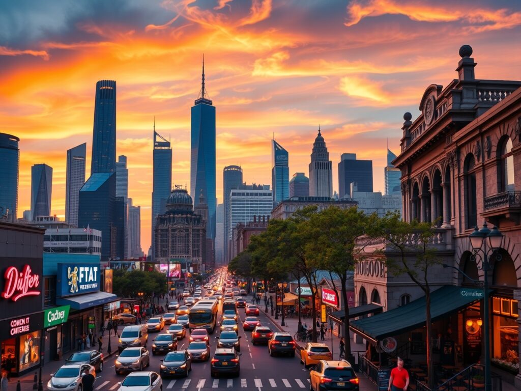 Urban Skyline with Bustling Street Life – free AI stock image