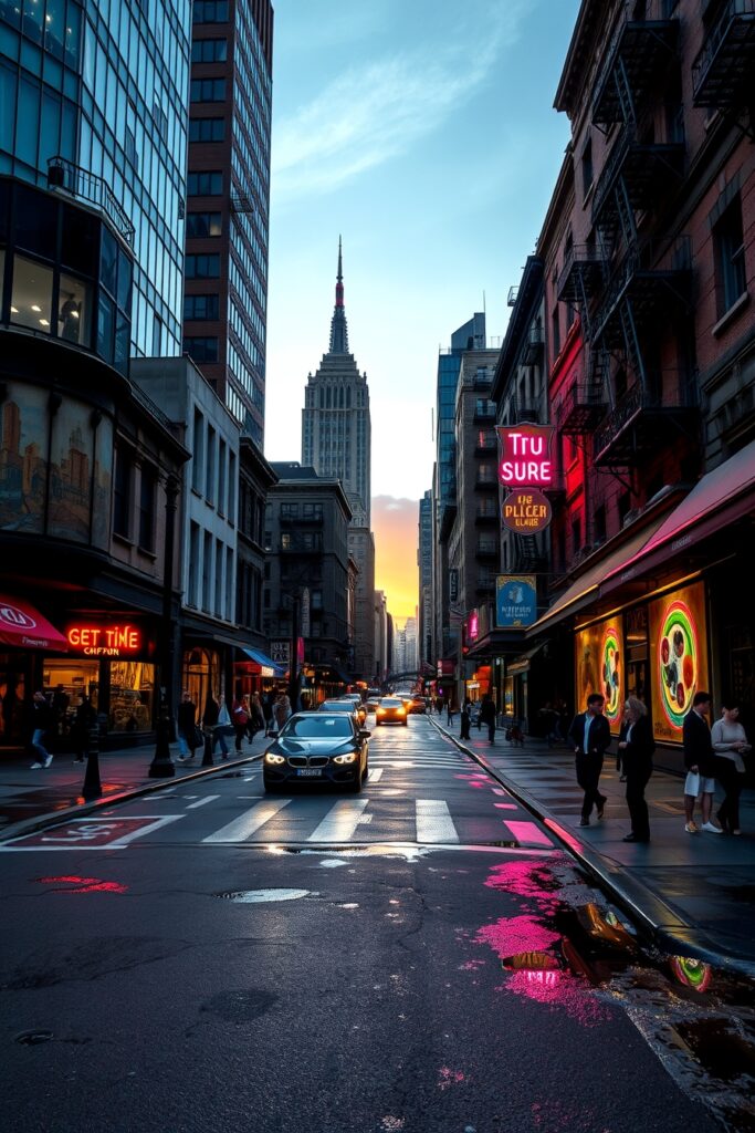Urban Streets at Dusk with Neon Lights – free AI stock image