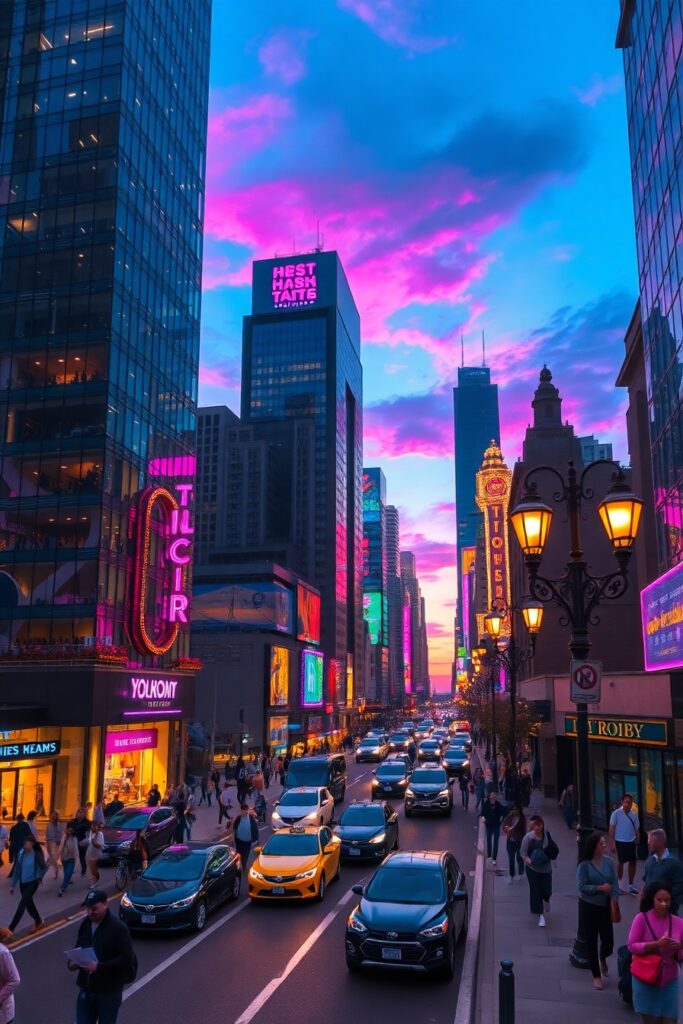Urban Streetscape at Dusk with Neon Lights – free AI stock image
