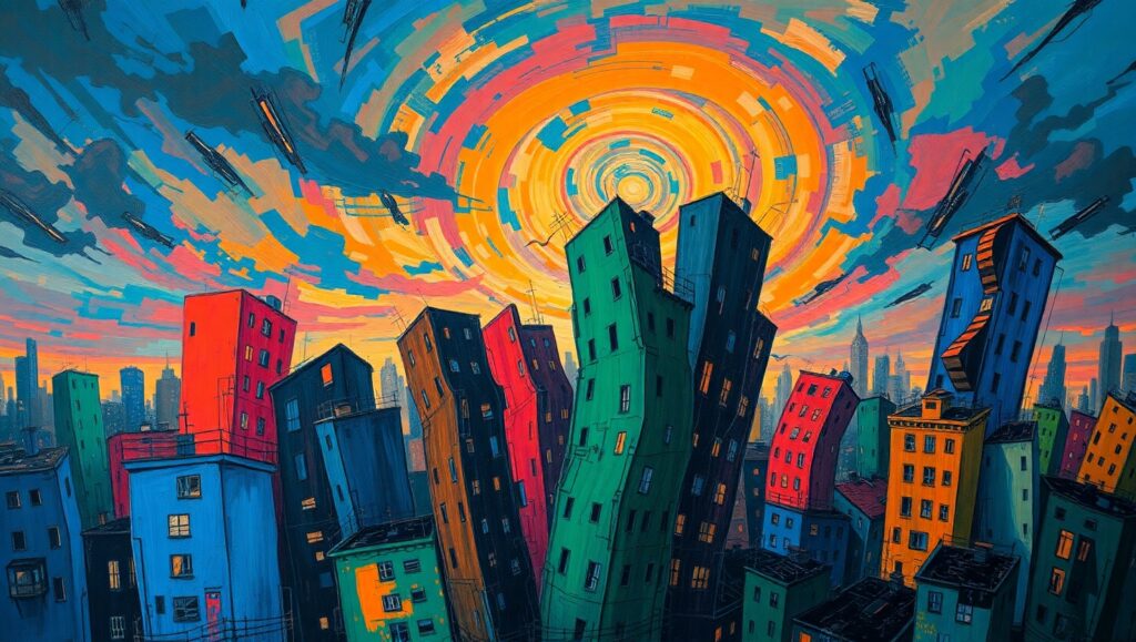 Urban Turmoil at Dusk – free AI stock image