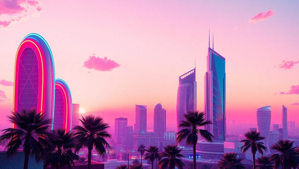 Vaporwave Cityscape Dreams – free AI stock image