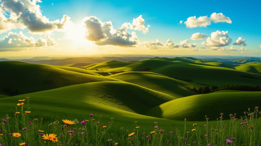 Vast Green Hills Under a Blue Sky Free Image – free AI stock image