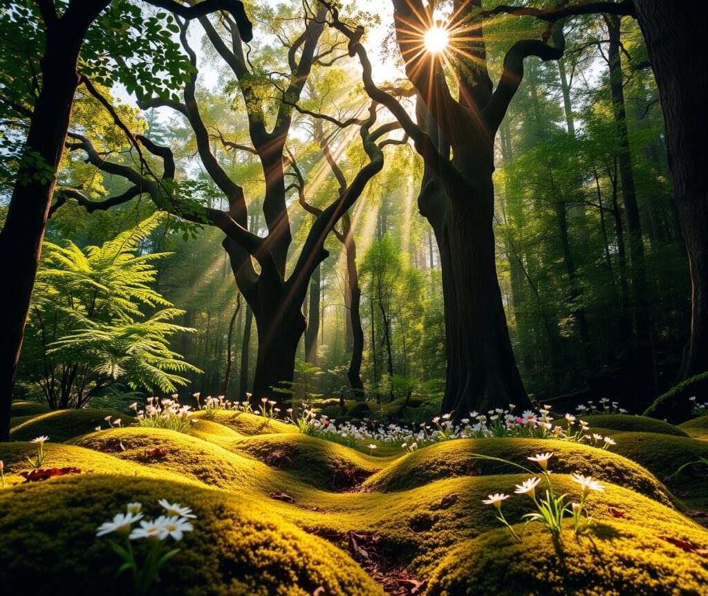 Verdant Forest Bathed in Golden Light – free AI stock image