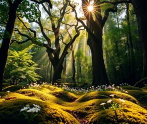 Verdant Forest Bathed in Golden Light – free AI stock image
