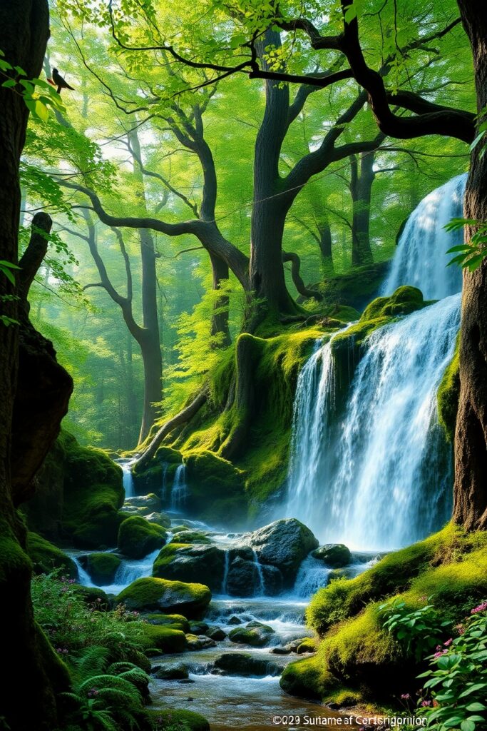 Verdant Forest with Cascading Waterfall – free AI stock image