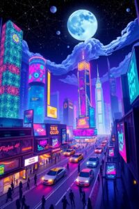 Vibrant Animated Cityscape at Night – free AI stock image