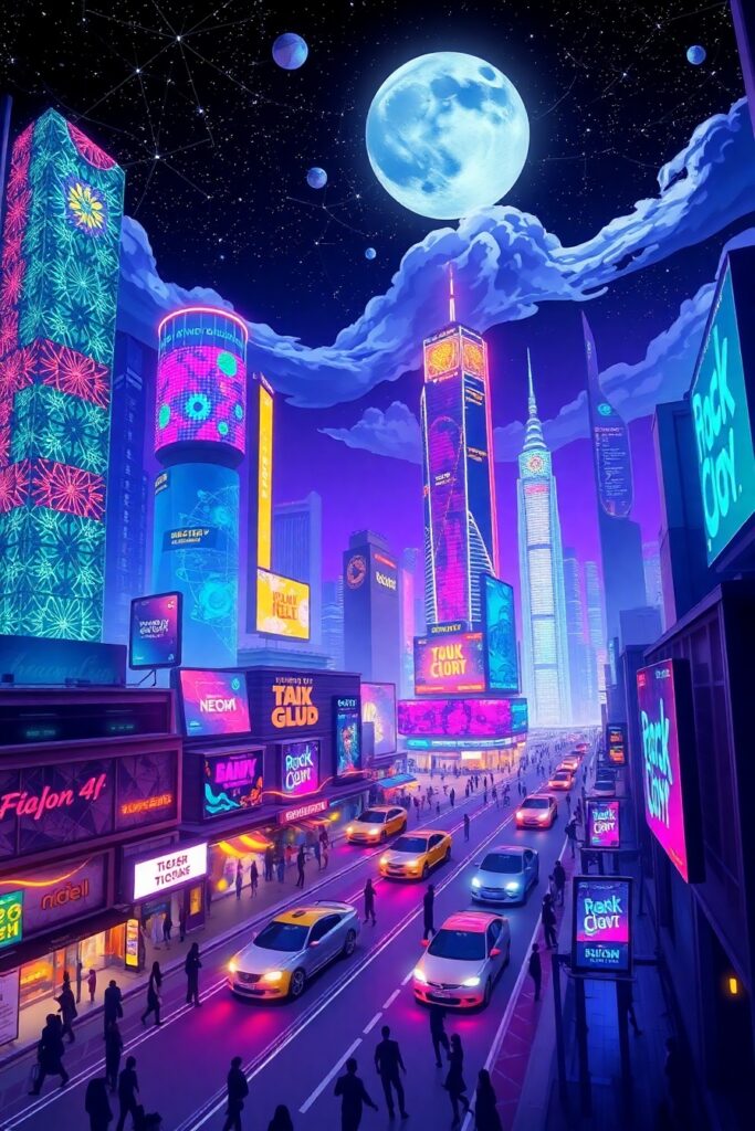 Vibrant Animated Cityscape at Night – free AI stock image