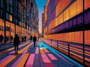Vibrant Animated Cityscape at Sunset – free AI stock image