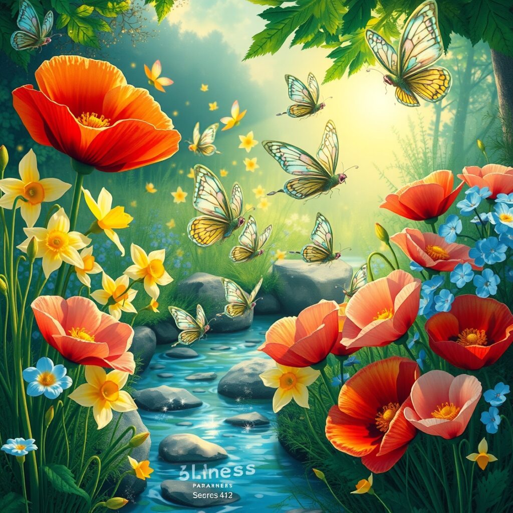 Vibrant Animated Fantasy Garden Scene – free AI stock image