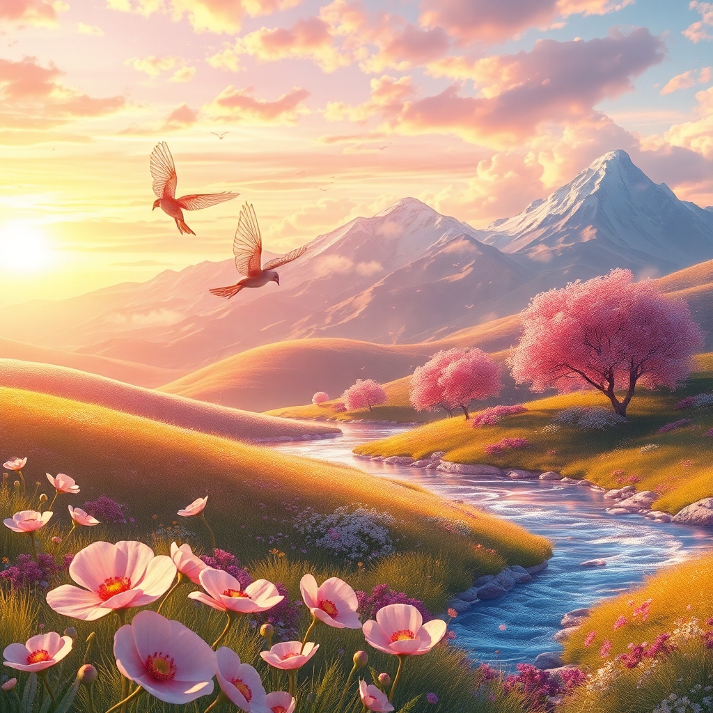 Vibrant Animated Fantasy Landscape at Dawn – free AI stock image