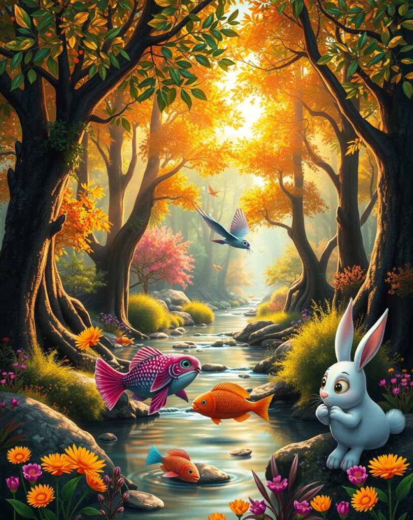 Vibrant Animated Forest Adventure Scene – free AI stock image