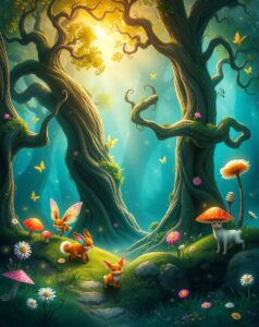 Vibrant Animated Forest of Fantasy Creatures – free AI stock image