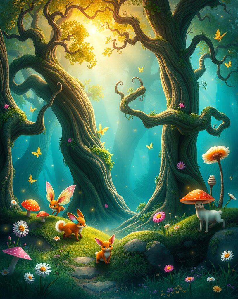 Vibrant Animated Forest of Fantasy Creatures – free AI stock image