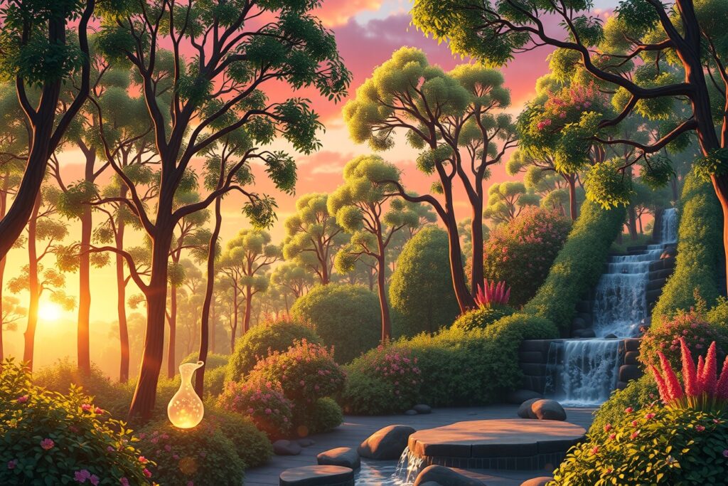 Vibrant Animated Forest Scene at Sunset – free AI stock image