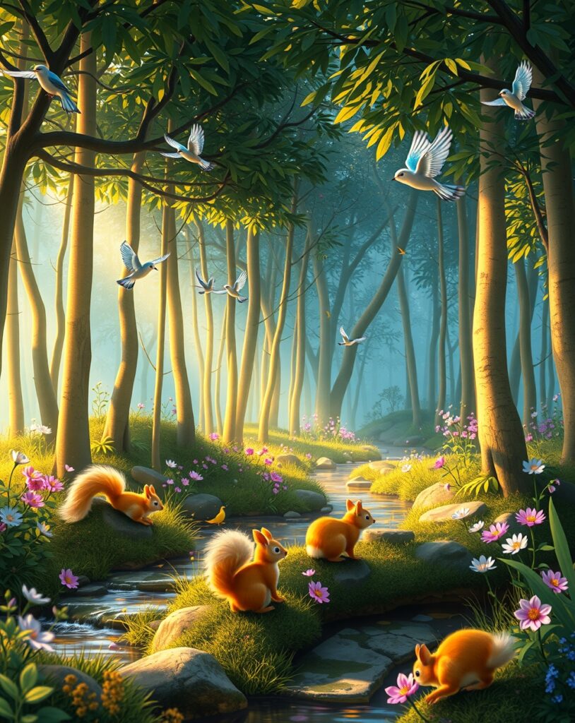 Vibrant Animated Forest Scene with Animals – free AI stock image
