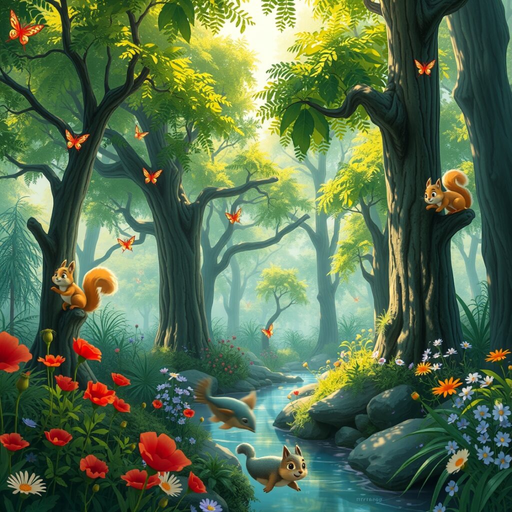 Vibrant Animated Forest Scene with Creatures – free AI stock image