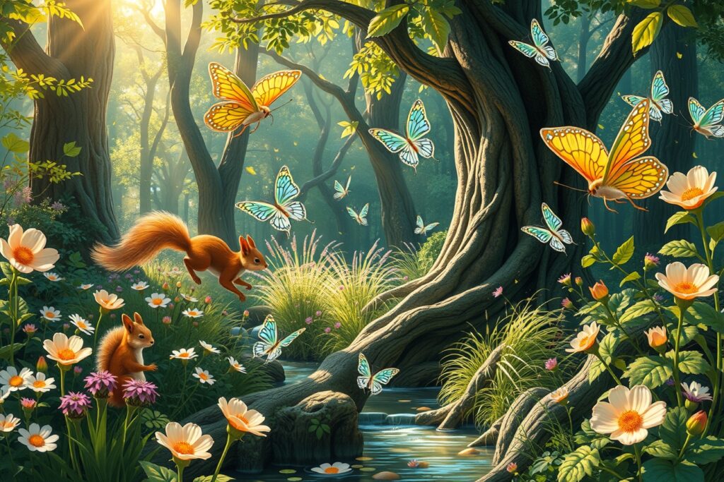 Vibrant Animated Forest Scene with Creatures – free AI stock image