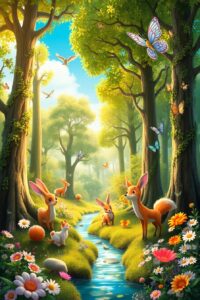 Vibrant Animated Forest Scene with Wildlife – free AI stock image
