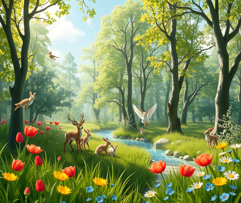 Vibrant Animated Forest Scene with Wildlife – free AI stock image