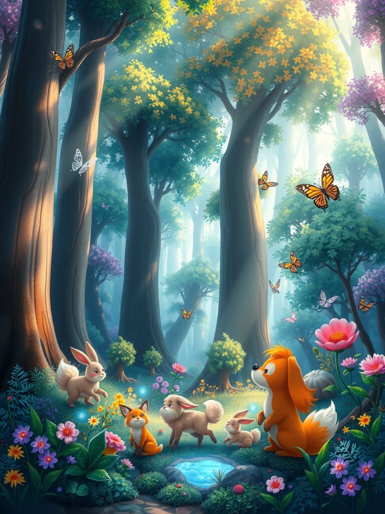 Vibrant Animated Forest with Dancing Creatures – free AI stock image
